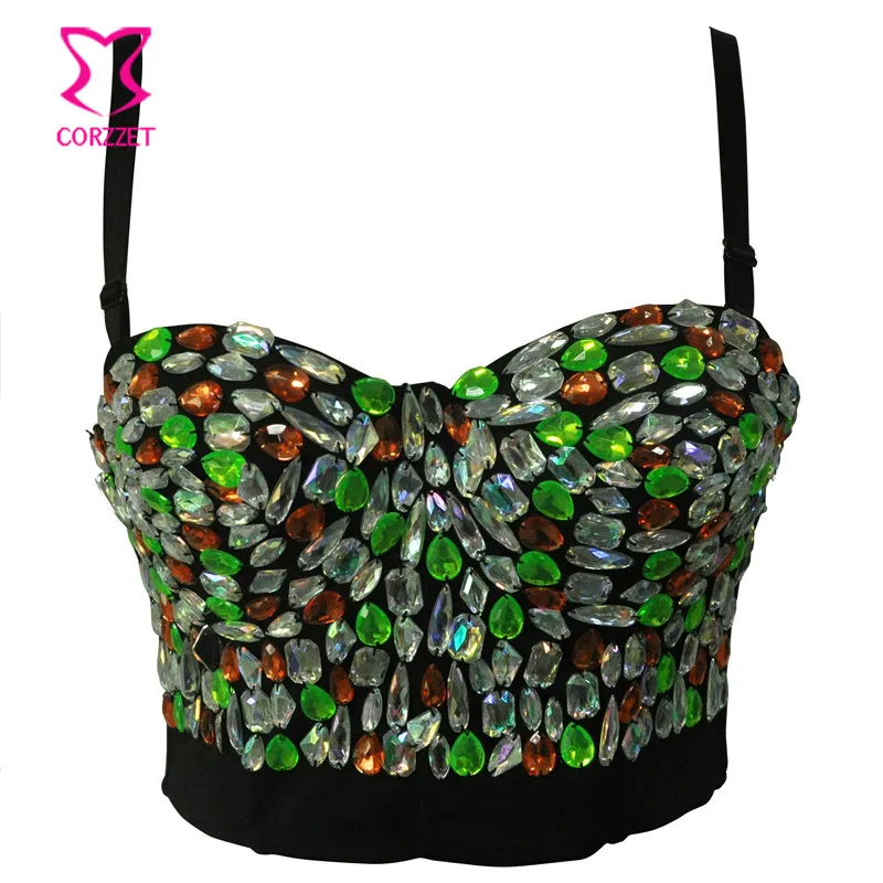 Multicolored Crystal Gem Beads Nightclub Dance Gothic Bralette Crop Top Soutien Gorge Push Up Bra Sexy Bras For Women Brassiere