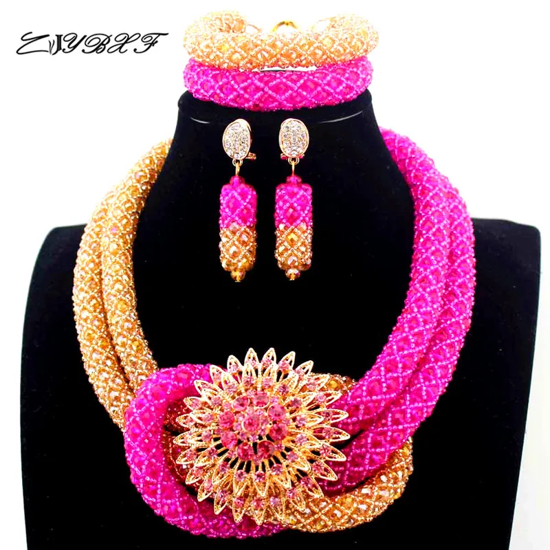 

Latest Hot Pink and champagne Chunky Bold Nigerian Jewelry Set Twisted Crystal Seed Beaded Necklace Jewelry Free Shipping L1072