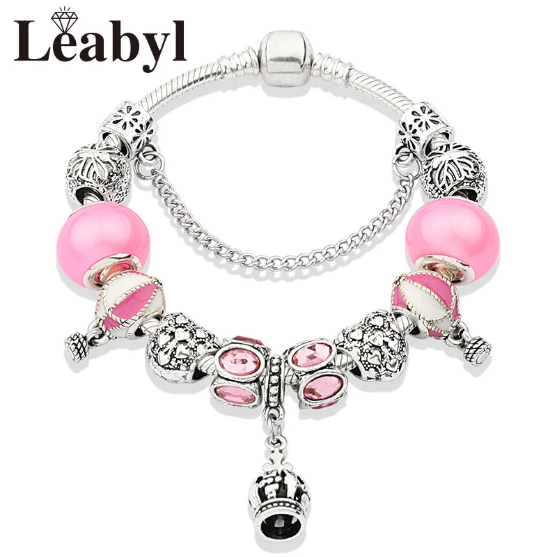 Pink Hot Air Balloon Crown Pendants Bracelet Charm Silver Color Heart Diy Beaded Bracelets Cute Jewelry for Women Girl Gift