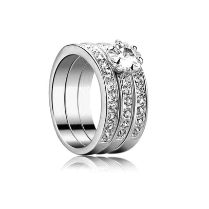 CHRAN Rhodium Plated CZ Stone Classic Stack 3 in 1 Paved Bands Fashion Crystal Wedding Rings For Women