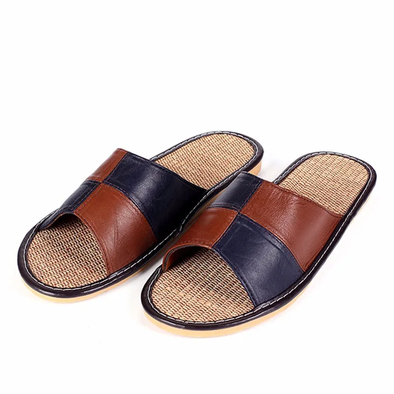 Mnterrm Hot Sale Men Home Slippers Linen Home Slippers Indoor Bedroom Sandals Couple Sheepskin Leather   Floor Slippers