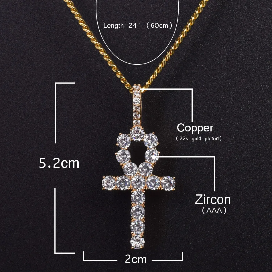 Bubble Letter Ankh Cross Necklace for Men Iced Pendant Gold Color Hip Hop Jewelry Prong Setting Cubic Zirconia