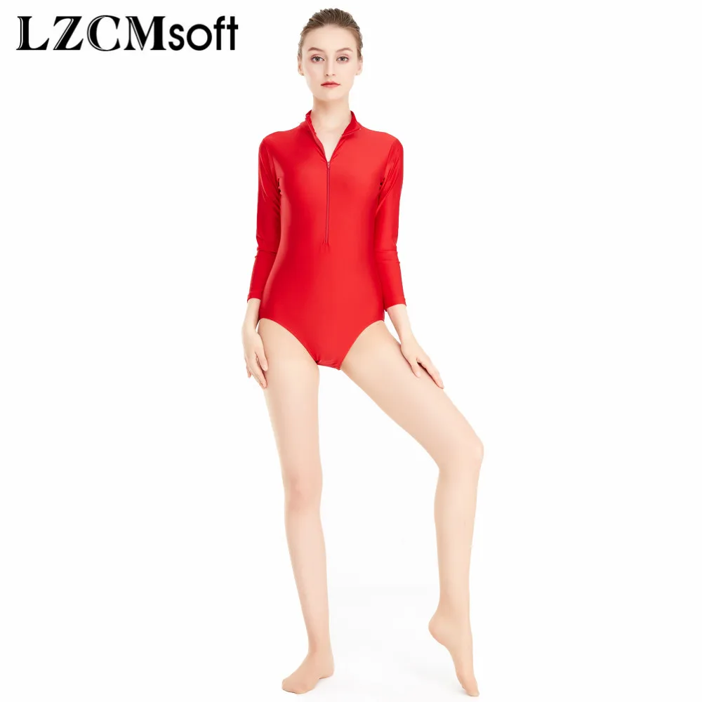 LZCMsoft Women\'s 3/4 Sleeve Front Zip Turtleneck Ballet Dance Leotards Spandex Nylon Gymnastics Leotards Girls Stage Costume