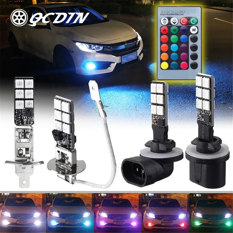 

QCDIN 2 шт. Автомобильная сигнальная лампа RGB 5050 Φ 12SMD Автомобильная головка лампа противотуманная задняя сторона управления лампочка с дистанционным управлением DC 12V