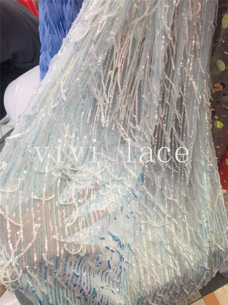 stock 5yards N00114 good quality nice fringe sequin embroidery  tulle  lace fabric for evening dress/wedding