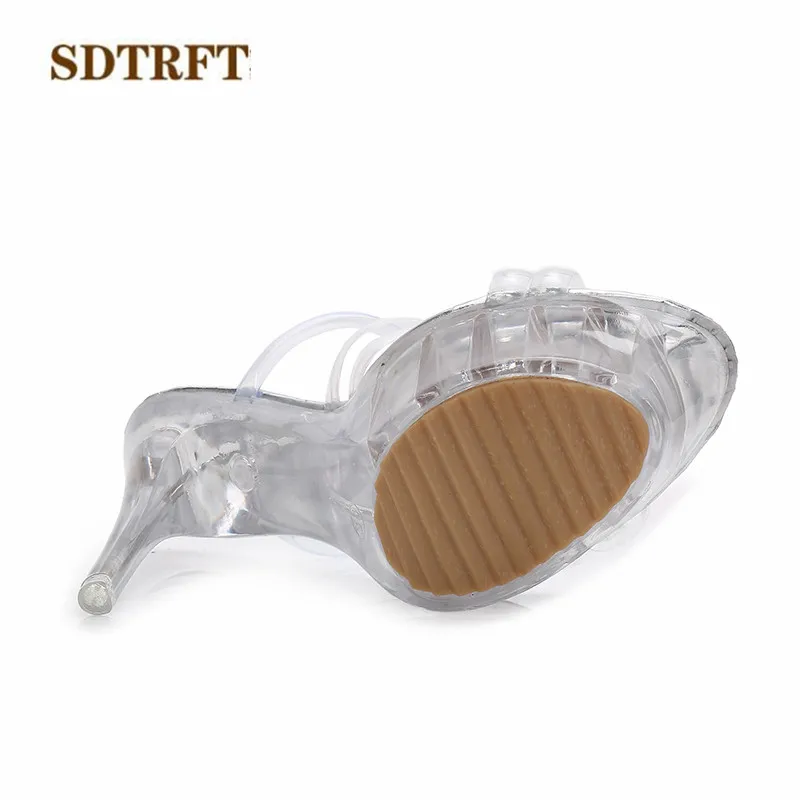 SDTRFT Fashion Narrow Band stilettos Crossdresser Sandals 14cm thin heels transparent platforms shoes woman pumps US9 10 11 12