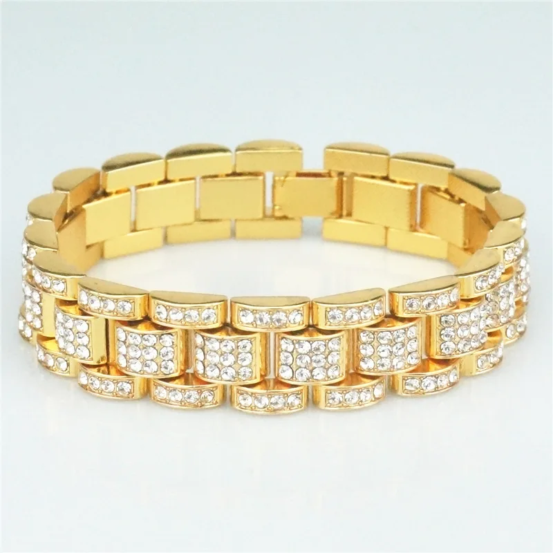 Bling 15mm 20cm Golden Silver Color Bracelet Hip Hop Mens Rhinestone Watchband Chain Tank Bangles For Boys Grils Hand Jewelry