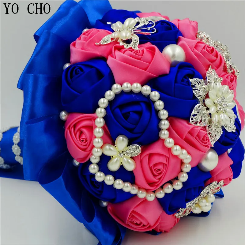 Artificial Wedding Bouquets with Crystal Rhinestone and Pearl  Bridal Bouquets  Luxury Jewelry  Royal Blue Flower