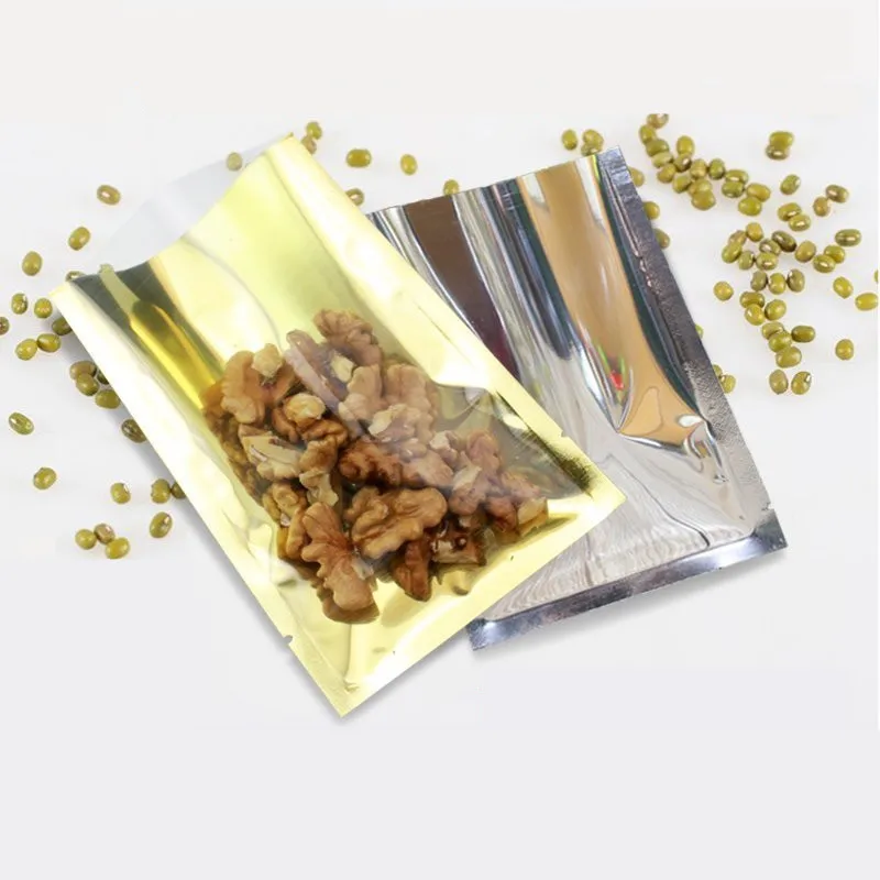 hot 100pcs 9x13cm Transparent-inside Gold Aluminum Foil bags, Flat Heat Seal Food packing bags, semi- transparent Gift pouches