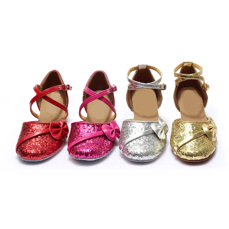 New Latin Dance Shoes Low Heels Sequined Shoes Salsa Tango Ballroom Dancing Shoes For Women Kids Children Girls In 4 Colors