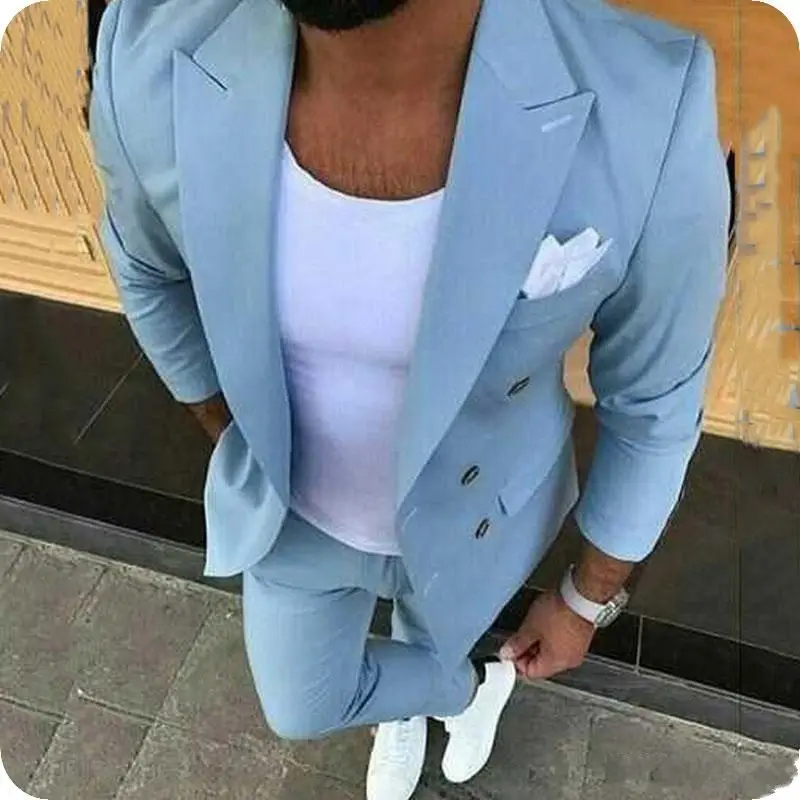 

Hot Recommend Double Breasted Light Blue Groom Tuxedos Groomsmen Peak Lapel Mens Suits Blazers (Jacket+Pants+Tie) W:899