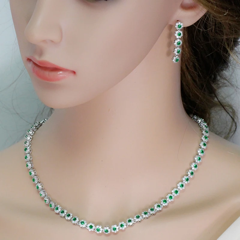 BeaQueen Elegant Green Crystal and CZ Stone Costume Earrings Necklace Jewelry Sets for Women Wedding Party Accessories JS110