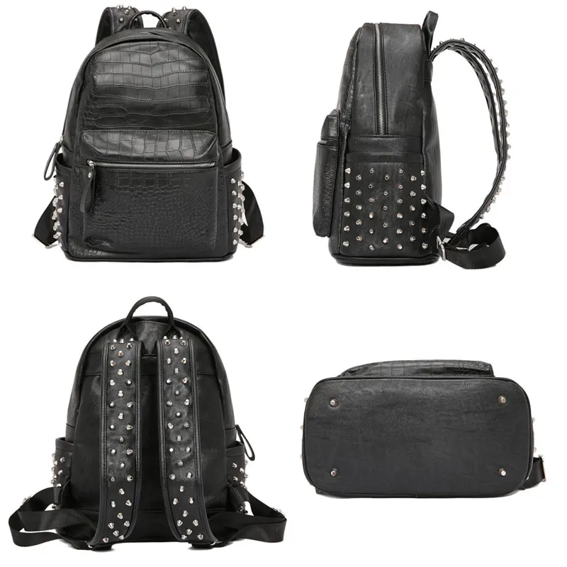 Fashion rivets men backpack Large capacity Crocodile pattern man laptop backpack 15.6 Casual Travel bag pu leather Bagpack black