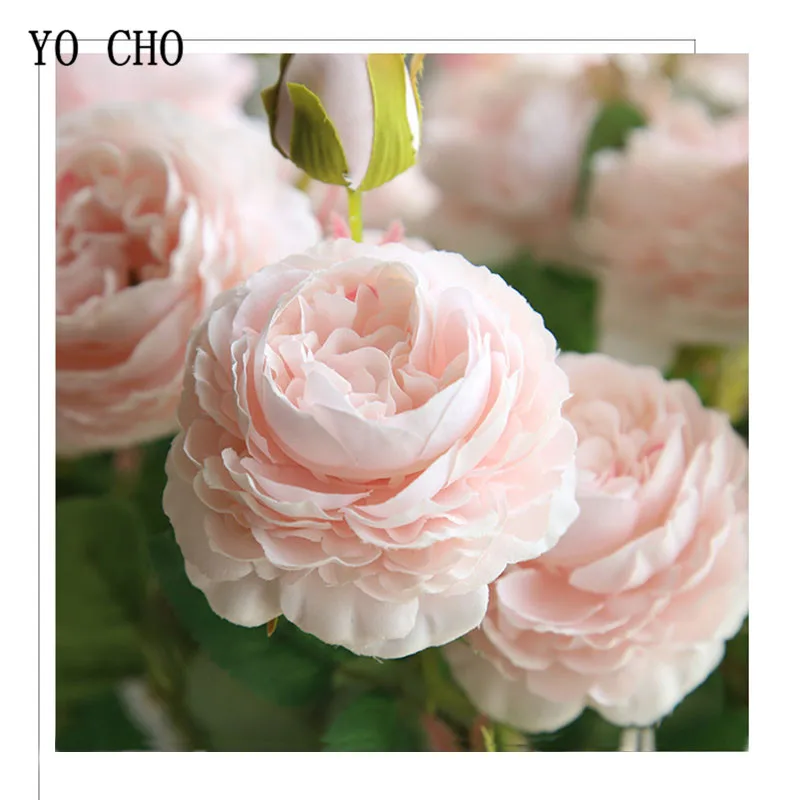 YO CHO Rose Artificial Flowers 3 Heads Pink White Peonies Silk Flower Wedding Garden Decoration Fake Flower Bouquet Peony Color