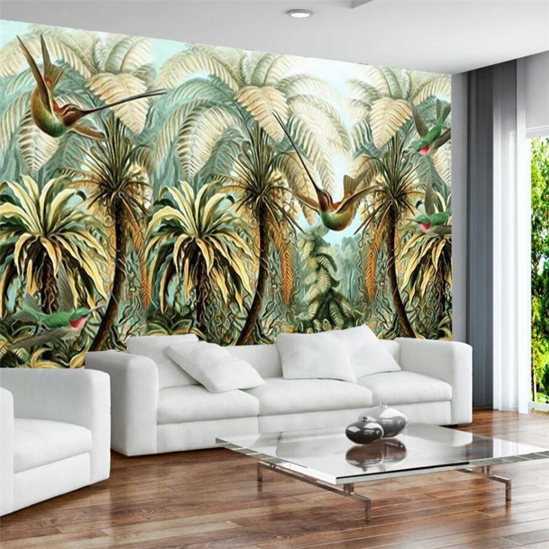 

wellyu Modern forest coconut tree bird hand-painted mural background wall custom large mural green wallpaper papel de parede