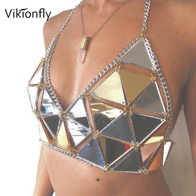 Vikionfly Long Lanh Sequin Bikini Top Phụ Nữ Phản Quang Halter Đồ Bơi Ban Đêm Bãi Biển Đảng Clubwear Brazil Biquini Vàng Bạc