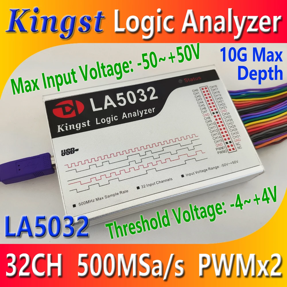 

Kingst LA5032 USB Logic Analyzer 500M max sample rate,32 Channels,10B samples, MCU,ARM,FPGA debug tool, English software