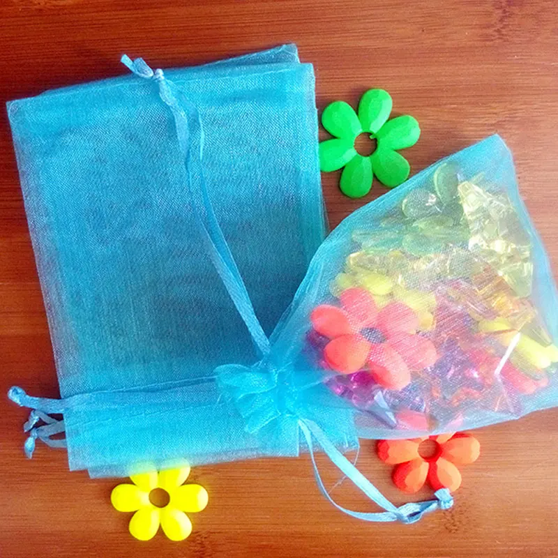 50pcs 15*20cm Lake Blue Organza Gift Bag Jewelry Packaging Display Bags Drawstring Pouch For Bracelets/Necklace Mini Yarn Bag