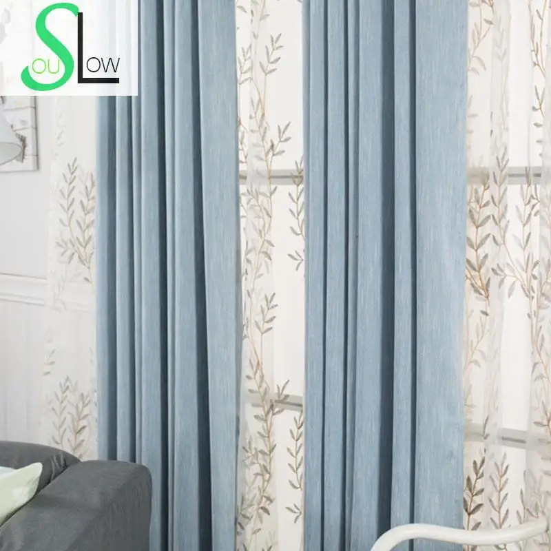 

Slow Soul Blue Green Gray Brown Modern Simple Pure Shading Hotel Curtains French Window Solid For Living Room Kitchen Bedroom