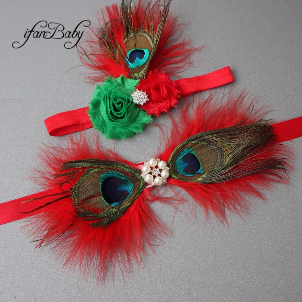 

Fashion Chrisrmas flower Belt,Girl Woman Sash Belt Wedding Sashes belt with feather flower headband 1 SET