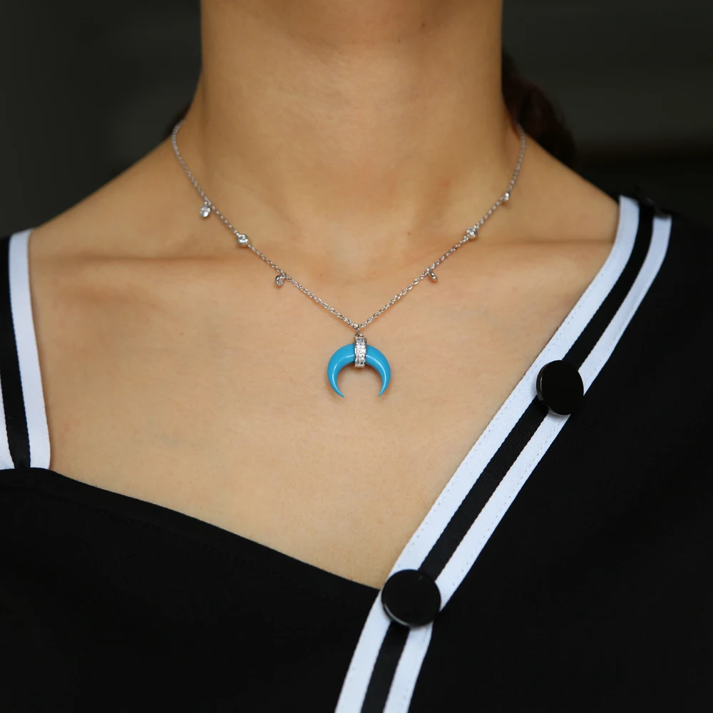 New Arrival Rose Gold Silver Color Blue Turquoises Howlite Blue Stone Crescent moon Horn trendy Necklace For Woman Boho Jewelry