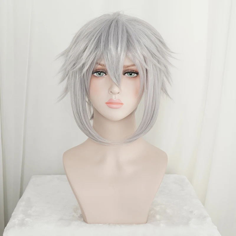 KINGDOM HEARTS III-Perruque Synthétique Courte Riku Gris Fer pour Homme, Perruques de Costume de Cosplay, Bonnet de Perruque Gratuit, Degré de Chaleur