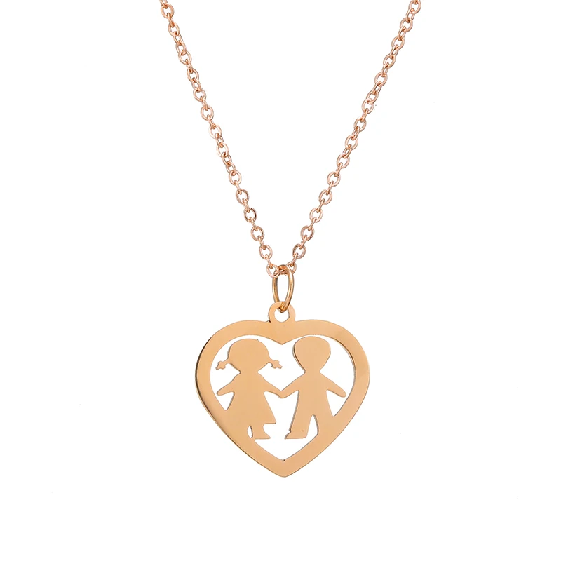 Fashion Figure Boy & Girl in Heart Pendant Necklace Stainless Steel Children Kids Necklace Gold Silver Color Chain Charm Choker