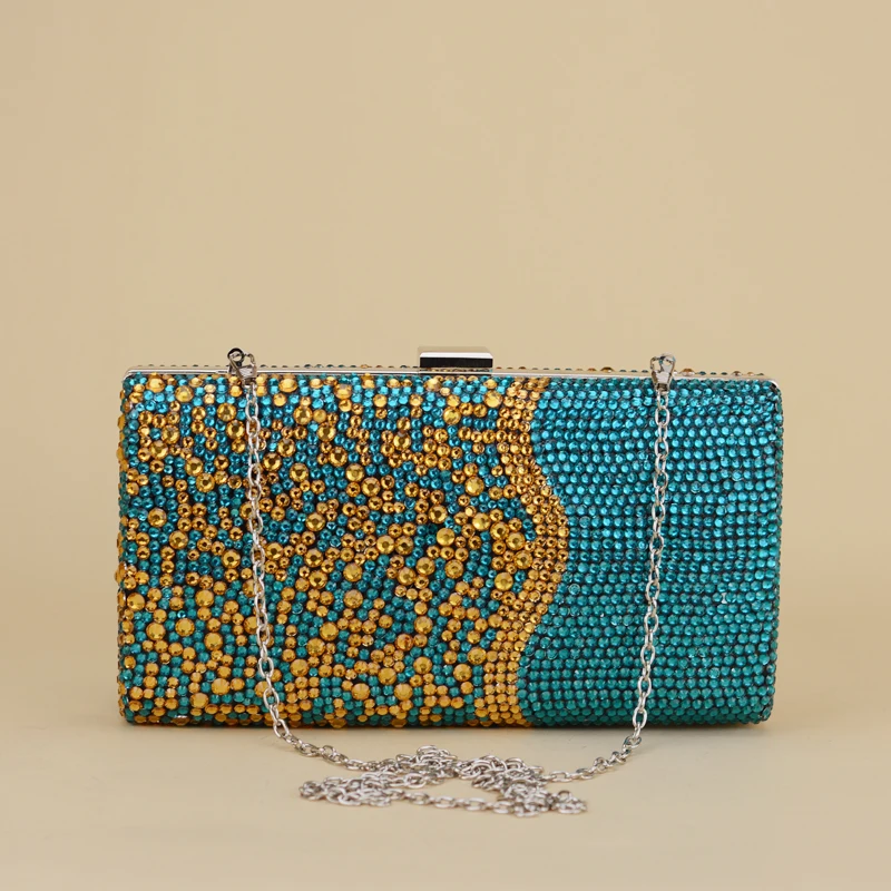 

Blue and Gold Rhinestone wedding Purse Women's Bride Wedding Purse Evening bags Fashion Day Clutches Chain shoulder bags