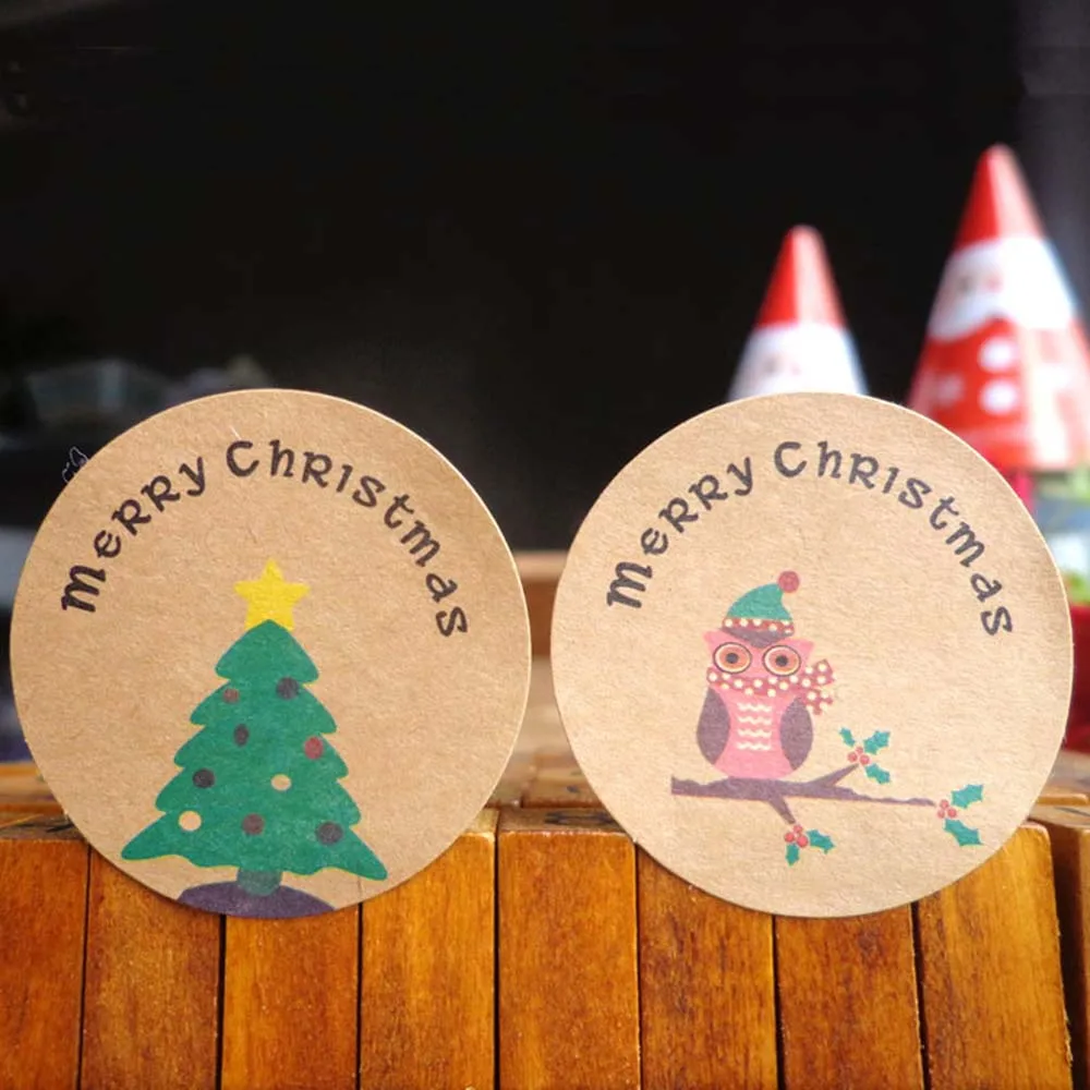 120Pcs Merry Christmas Tree Owl Handmade Cake Packaging Sealing Label Kraft Sticker Baking DIY Gift Stickers