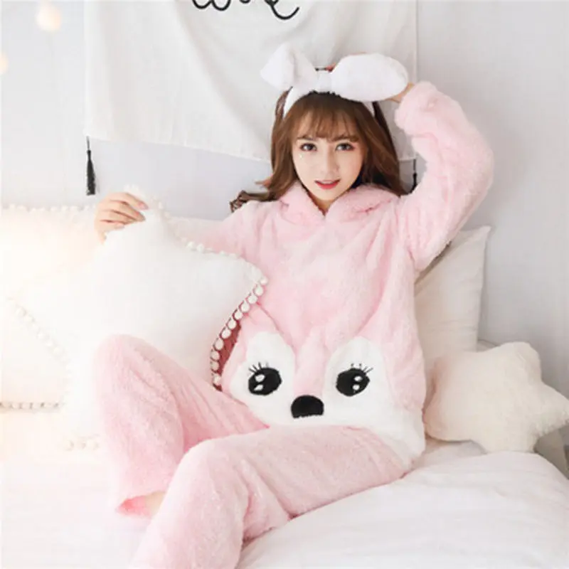 Two Piece Winter Women Pyjamas Thicken Flannel Pajama Sets  Lovely Bear Hoodie Cute Pijama Long Nightgown Sleepwear