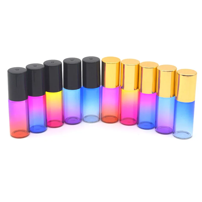 

Empty 5ml Essential Oil Gradient Colorful Roller Bottle Fragrance Roll-On Glass Perfume Sample Bottle Black Gold Cap 500pcs