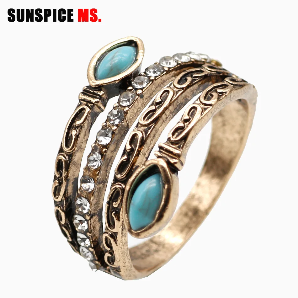 SUNSPICE MS Natural Stone Vintage Ring Sets Bohemia Women Ethnic Wedding Jewelry Antique Gold Color Slender Rings Turkish Brand