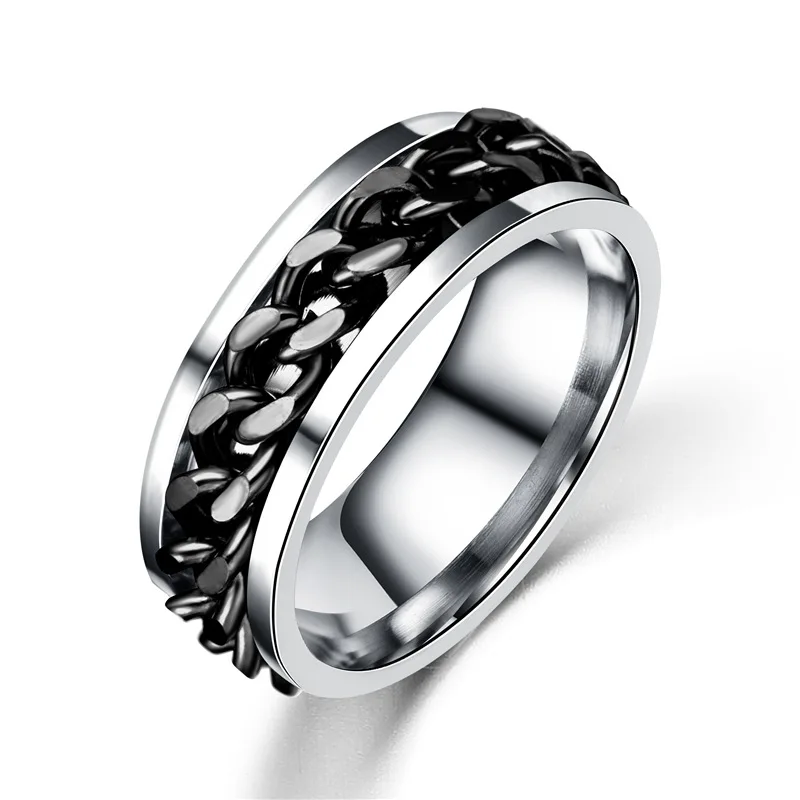 Bohemian Black Titanium Men Stainless Steel Rings with Chain Punk Statement Chain Finger Rings for Women Metal Jewelry