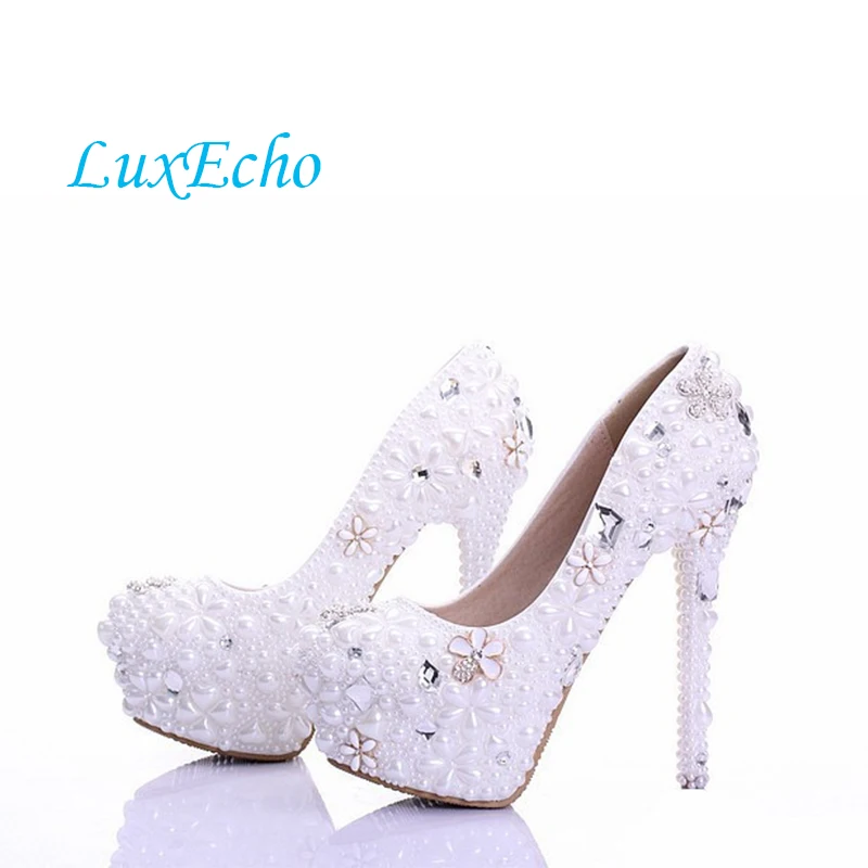 white pearl womens wedding shoes Bride 14cm high-heeled platform shoes woman round toe handmade single shoes