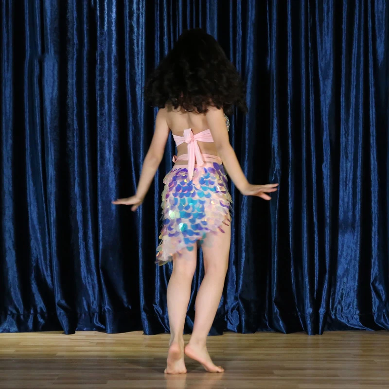Crianças dança oriental roupa de dança do ventre frisado sutiã cinto saia crianças lantejoulas lágrima lantejoulas hip cachecol sereia traje conjunto