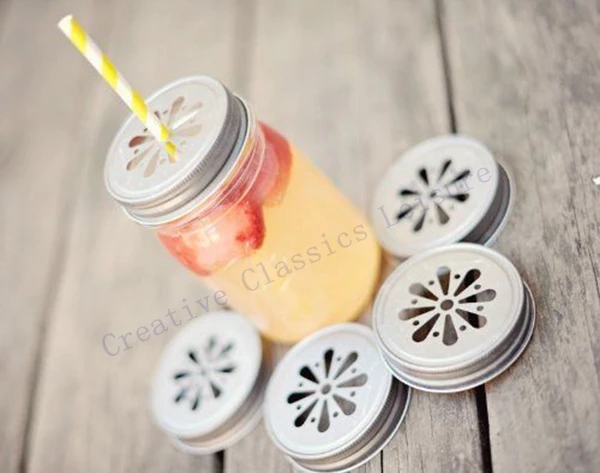 8 Daisy Cut Mason Jar Lids , mason jars and straws are NOT included ,Metal Jar Lids for Straws