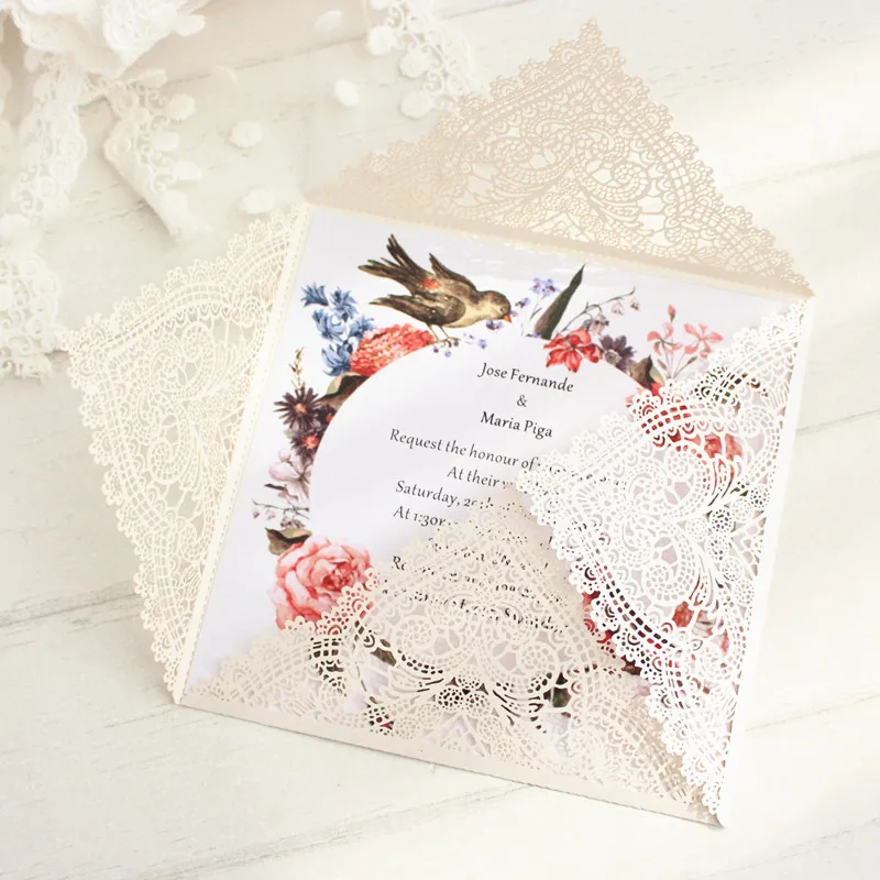 

Ivory invitation paper royal laser cut wedding card with envelop offer printing 50pcs