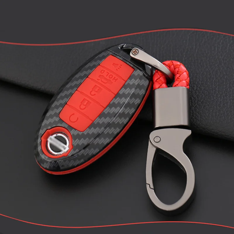 ABS Carbon Fiber Shell+Silicone Cover Remote Key Holder Fob Case&KeyChain For Nissan Patrol 2018