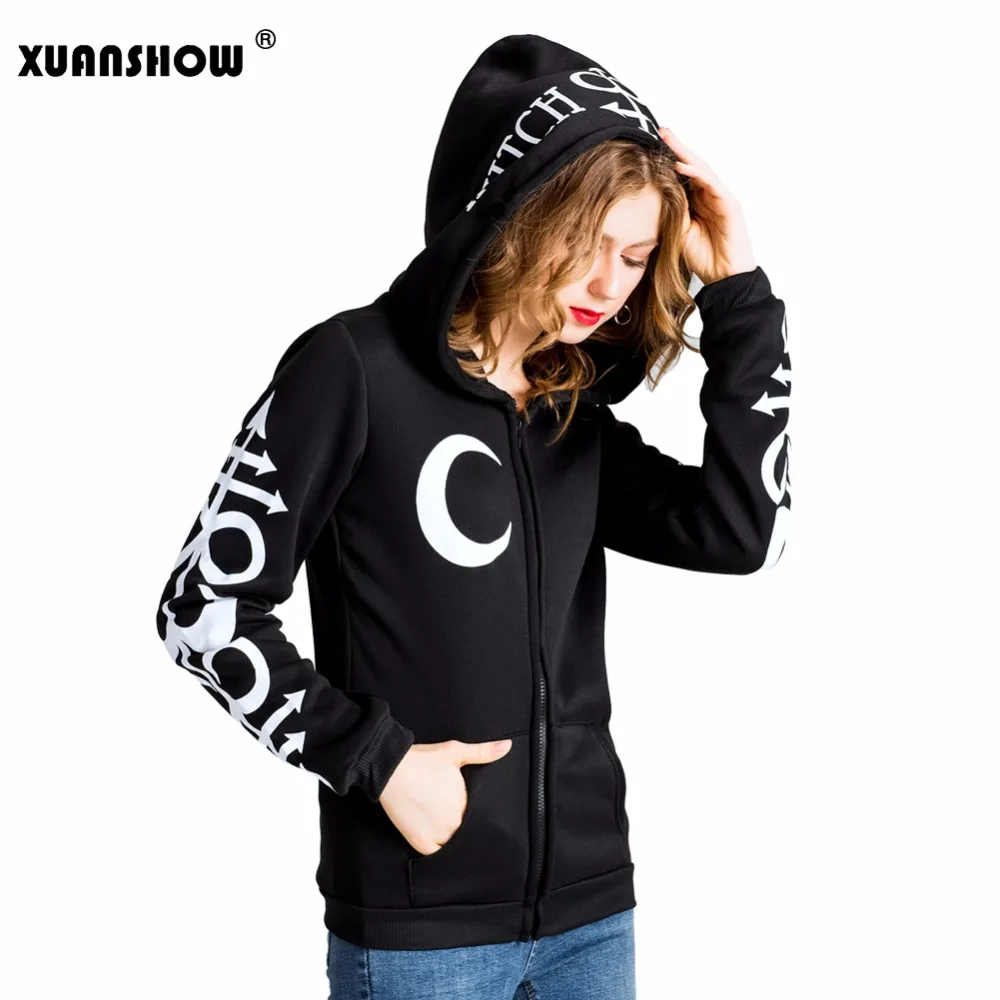Damen Gothic Punk Hoodie Sweatshirt mit Mond-Buchstaben-Print, Langarm-Reißverschlussjacke, Herbst-Winter-Mode Streetwear – Detail 3