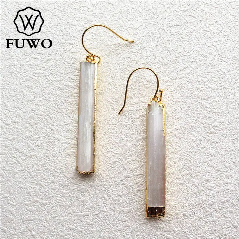 FUWO Wholesale Natural Selenite Earrings,Golden Plated Raw Crystal Blade Dangle Earring Jewelry For Women 5Pairs/Lot ER024