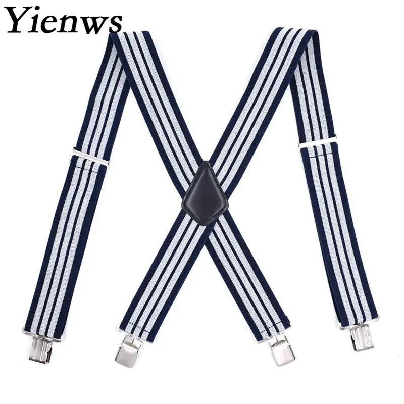 Yienws Navy White Striped Suspenders for Men Heavy Duty 5CM Widen Suspenders Man X-Sharp 4 Clip Pants Brace Strap 120CM YiA051