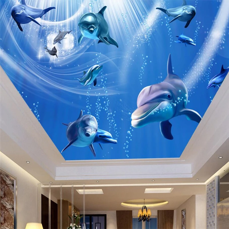 

wellyu Undersea World Dolphin Ceiling Ceiling Murals Custom Large Mural Green Wallpaper papel de parede para quarto