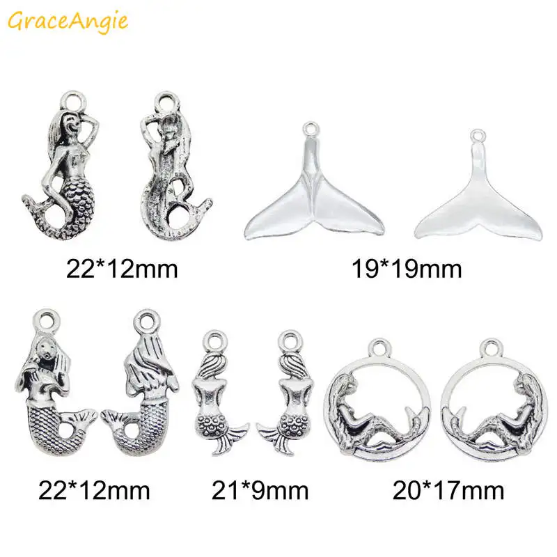 GraceAngie 10-20pcs/lot Zinc Alloy Mixed Mermaid Charms Jewelry Necklace Key Chain Bracelet DIY Accessory Finding