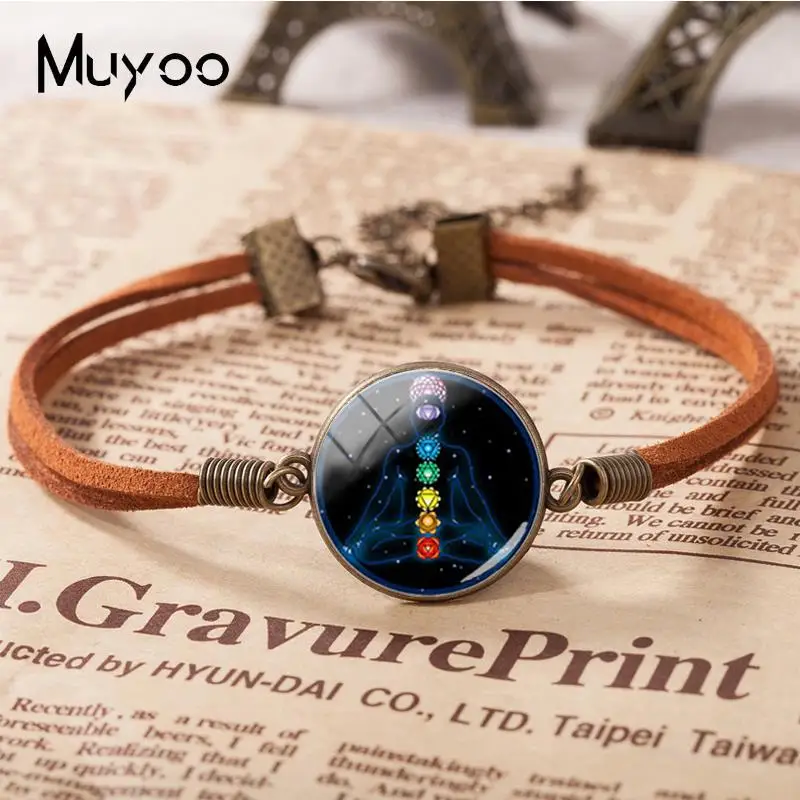 2018 New 7 Chakra Reiki Healing Bracelets Buddha Yoga Meditation Leather Bracelet Glass Cabchon Jewelry