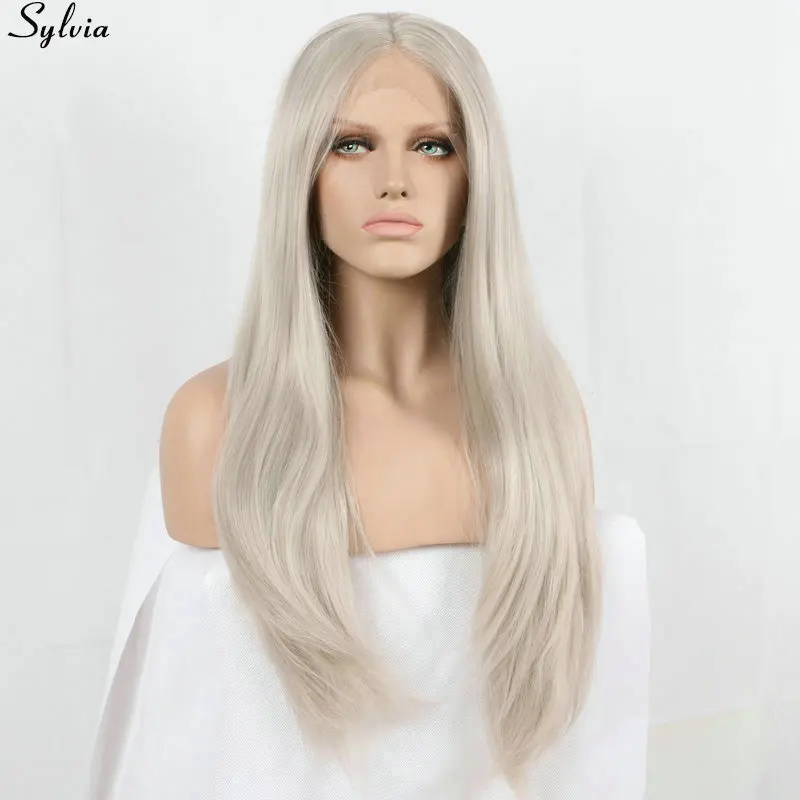 Sylvia Silver Grey Long Straight  Synthetic Lace Front Wig Heat Resistant Fiber Hair Wigs For Women Middle Parting