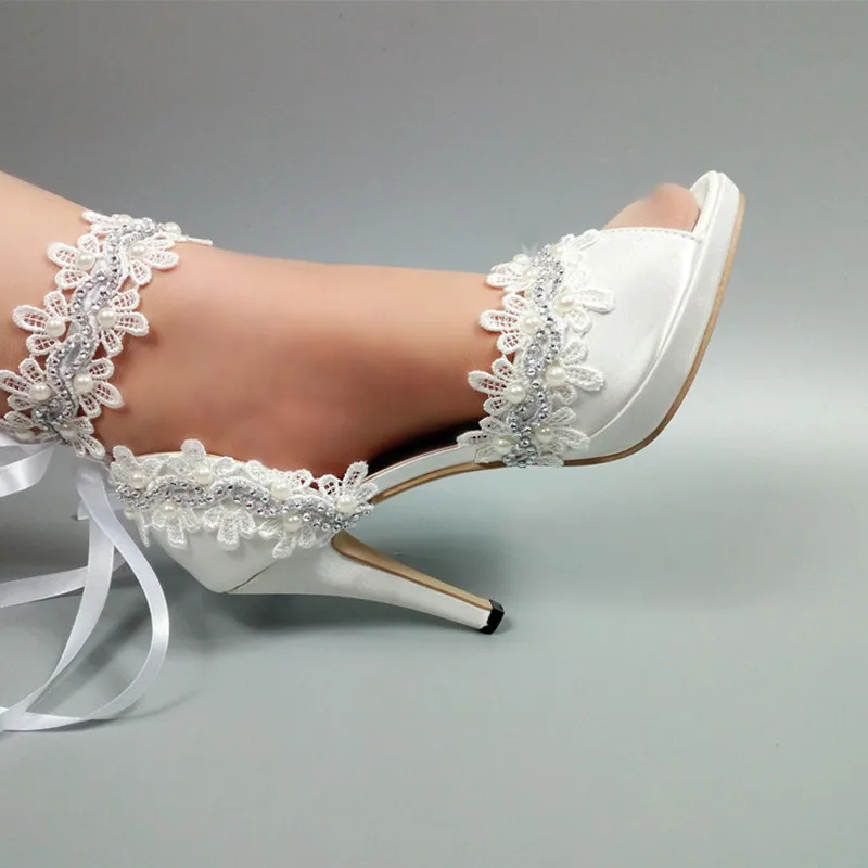 White Flower Wedding shoes Bride fashion Lace-Up woman party dress shoes Peep Toe platform shoes Bridesmaid female ankle strap