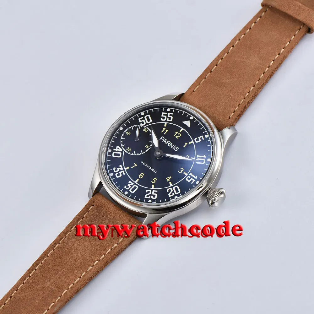 PARNIS Fashion 44mm Mechanical Hand Winding Watch Men 17 Jewels 6497 Movement Luminous Hand Camel Strap