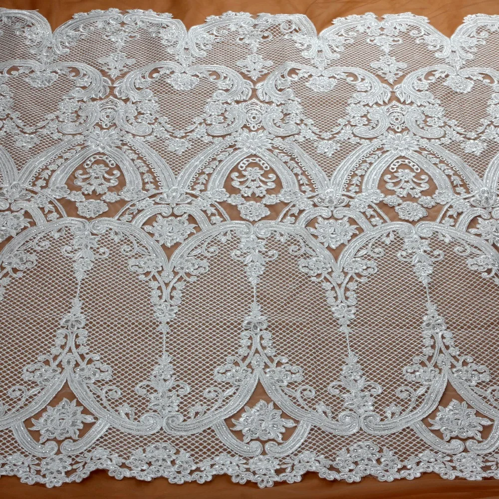 

Off white wedding style ployester with sequins heavy embroidery lace fabric stage party dress lace fabric by yard
