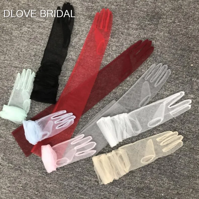 Simple Long Sheer Tulle Gloves 9 Colors Wedding Bridal Party Gloves Full Finger Elbow Photo Shooting Accessory Halloween Gloves