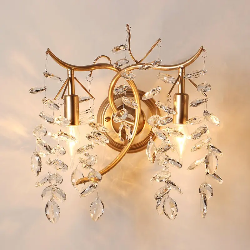 Modern Willow leaves Bedroom Bedsides Wall Lights Golden Creative Study Room Wall Sconces Stair Case Crystal Hanging Wall Lamps